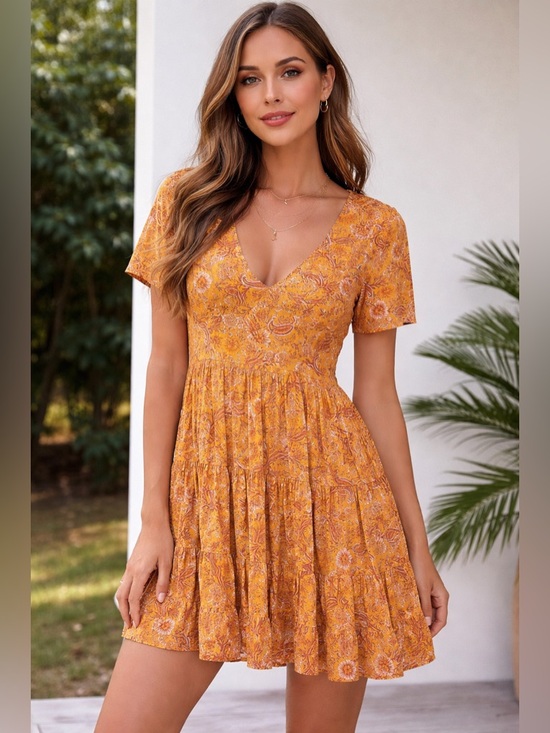Patrons of Peace Dresses & Skirts - Patrons of Peace Golden Mustard Floral V-Neck Mini Dress